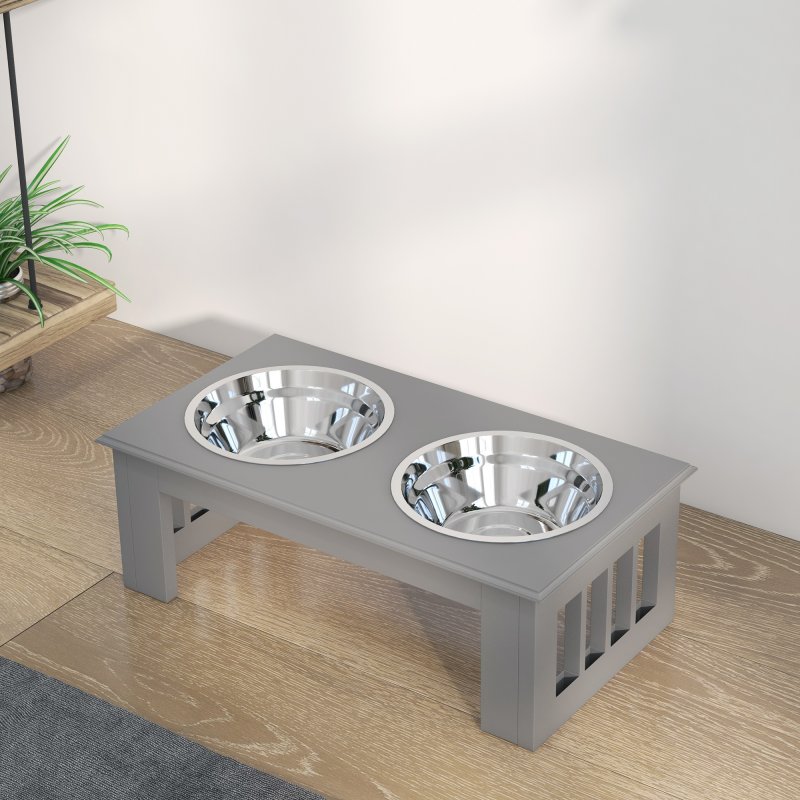 PawHut Raised Dog Bowl Feeding Bowls with Stand for Extra Small and Small Dogs Elevated Pet Bowls Water Food Feeder 44L x 24W x 15H cm - Grey