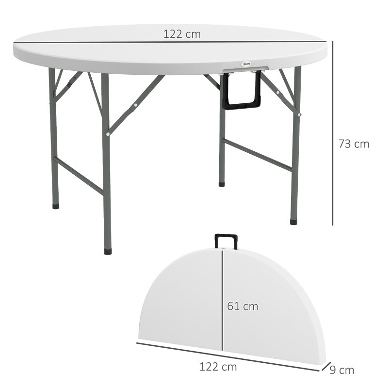 Outsunny Folding Garden Table, 122 cm Round HDPE Outdoor Picnic Table for 6, Metal Frame for Patio, Park, White