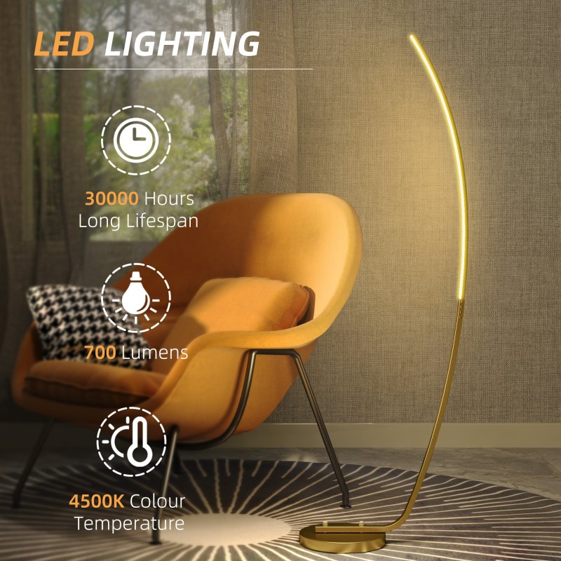 HOMCOM LED Floor Lamp with 3 Adjustable Brightness, Modern Dimmable Standing Lamp with Foot Switch for Bedroom, Living Room, Gold Tone