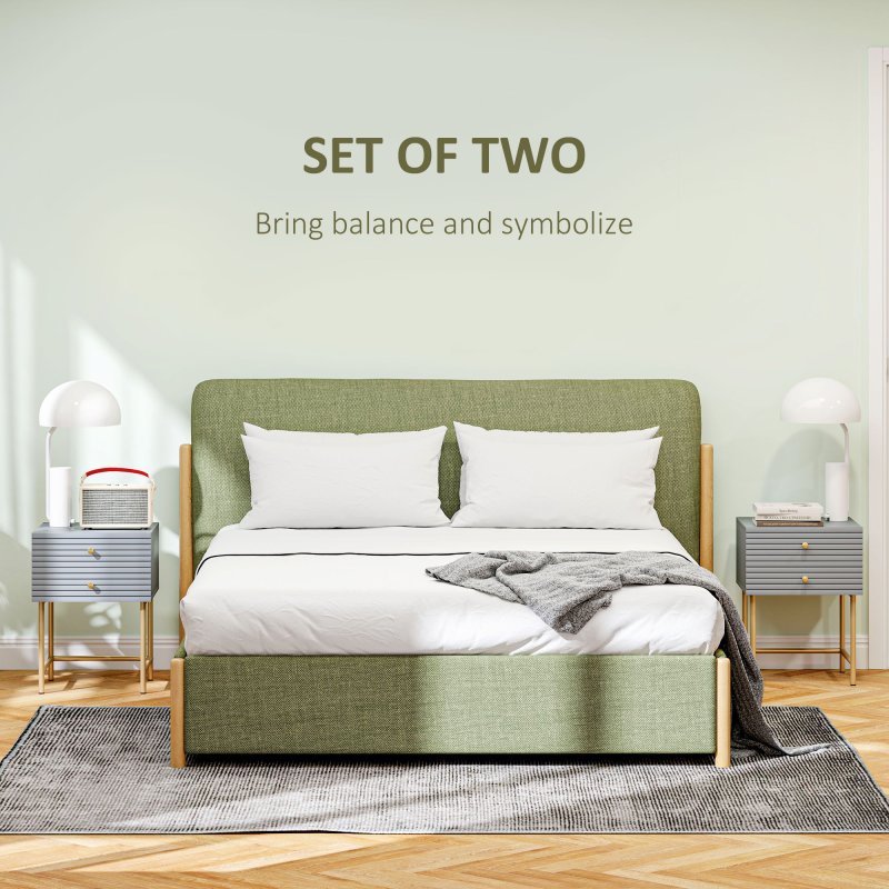 HOMCOM Bedside Tables Set of 2, Bedside Cabinet with 2 Drawers, Gold Steel Legs, Modern Side Table with Striped Panel for Bedroom, Living Room, Grey