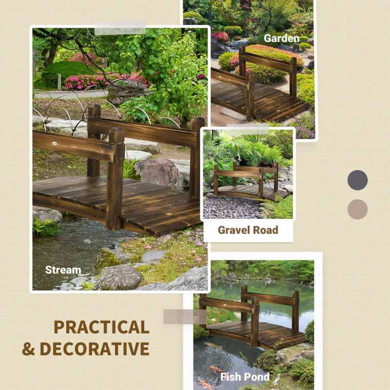Outsunny 5FT Wooden Garden Bridge with Planters on Safety Railings, Stained Finish Arched Footbridge for Pond, Stream, Carbonized