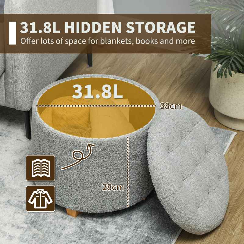 HOMCOM 45cm Round Storage Ottoman, Teddy Fleece Footstool with Removable Lid and Wood Legs, Button Tufted Vanity Stool for Living Room Bedroom Hallway