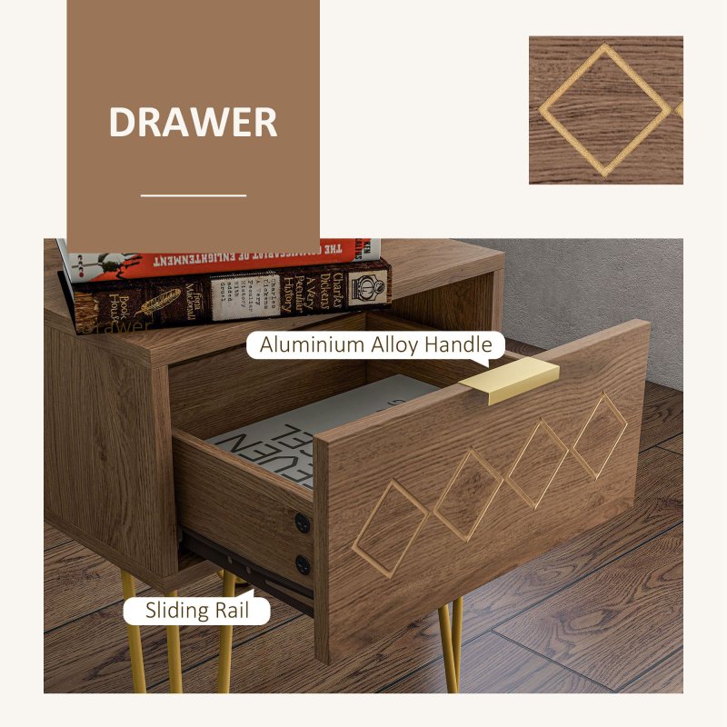 HOMCOM Bedside Table with Drawer, Wooden Nightstand, Modern Sofa Side Table with Gold Tone Metal Legs and Handles for Living Room, Bedroom, Easy Assembly, 40x41x 49cm, Brown