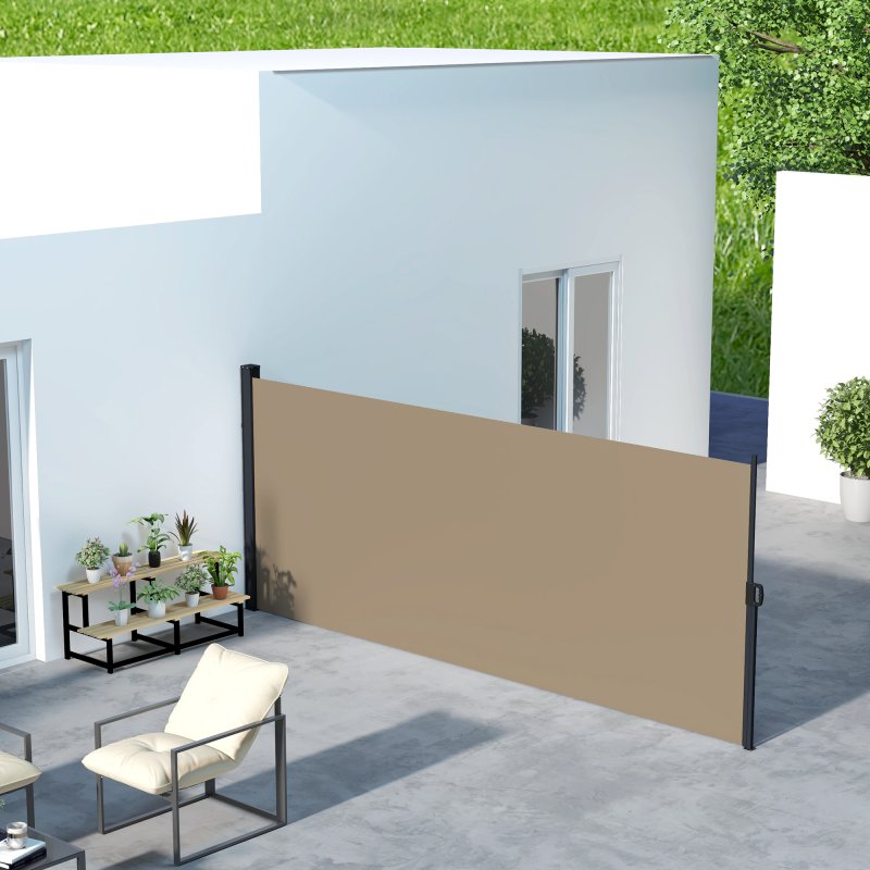 Outsunny Retractable Side Awning, Garden Privacy Screen Divider, Full Cassette Wind Breaker for Hot Tub, Balcony, Terrace, Pool, 400 x 180cm, Khaki