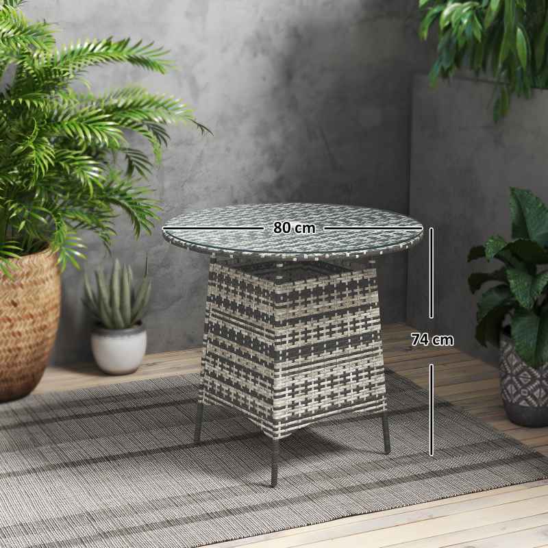 Outsunny Wicker Garden Rattan Table, Patio Furniture Outdoor Coffee Table with Umbrella Hole and Tempered Glass Top, Grey