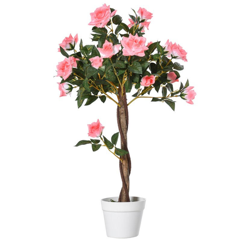 Outsunny 90cm/3FT Artificial Rose Tree, Fake Decorative Plant with Pot, Indoor Outdoor Faux Decoration Home Office Decor, Pink