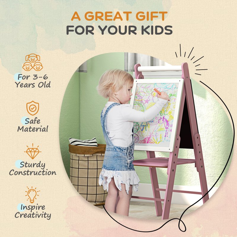 AIYAPLAY Kids Easel with Paper Roll 3 in 1 Art Easel for Toddlers Height Adjustable Double-Sided Kids Whiteboard Blackboard for Ages 3-6 Years - Pink