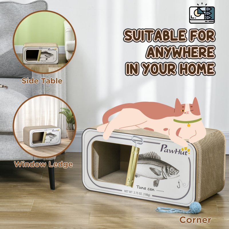 PawHut Cat Scratching Board, 2 in 1 Cat Scratcher Cardboard with Catnip, Canned Tuna Design Cat House for Indoor Kitty, Cream White