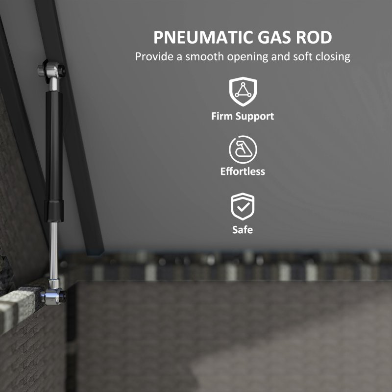 Outsunny 627 L Rattan Garden Storage Box, Outdoor Garden Cushion Storage Box with Gas Lift Lid and Wheels, Outdoor Rattan Chest Container for Cushions, Pillows and Tools, Dark Grey