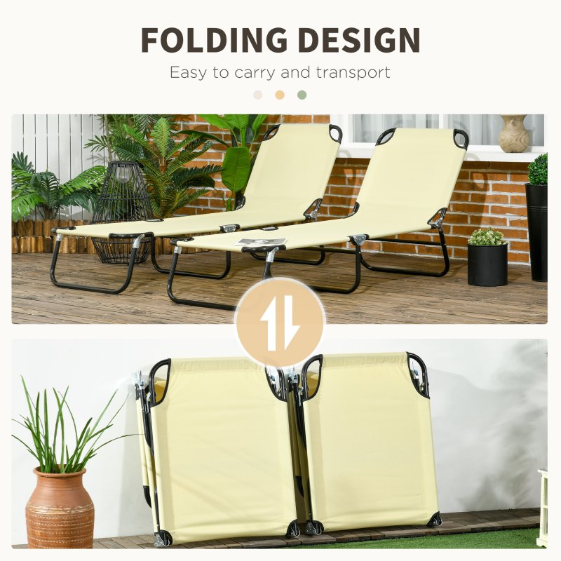 Outsunny Folding Sun Loungers Set of 2, Outdoor Day Bed with 5-Position Adjustable Backrest, Portable Recliner Garden Chairs with Breathable Mesh for Beach, Patio, Beige
