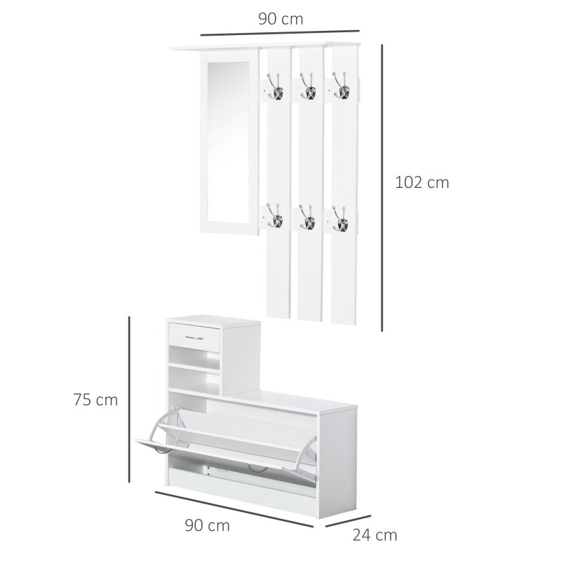 HOMCOM 2PC Shoes Storage Chest Cloths Rack Unit w/Mirror Multiple Shelves Large Storage Capacity Shoes Cabinet 6 Hooks Cloth Rack
