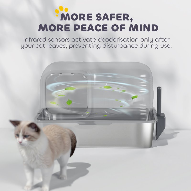 PawHut Stainless Steel Litter Tray with Plasma Deodoriser System, 65L Extra Large Enclosed Litter Box with Lid High, Sided Wall and Scoop for Larger Cats, Easy to Clean & Odour-Resistant, Grey