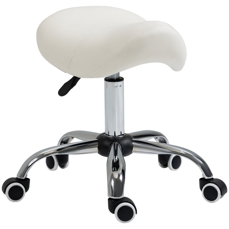 HOMCOM Cosmetic Stool 360?? Rotate Height Adjustable Salon Massage Spa Chair Hydraulic Rolling Faux Leather Saddle Stool Mobility, Cream