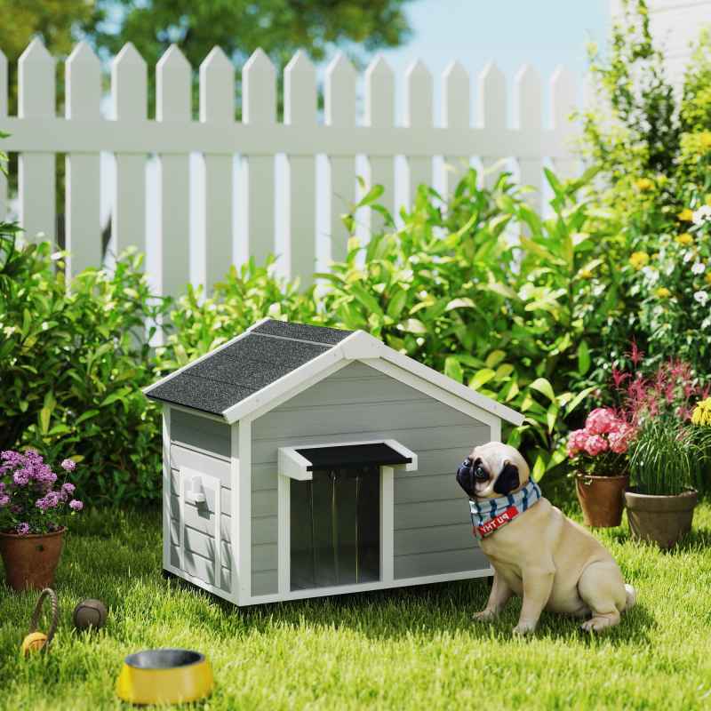 PawHut Dog House Wooden Dog Kennel Outdoor with Openable Asphalt Roof, Removable Floor, Door Curtain, Elevated Feet, for Medium Breeds, Light Grey