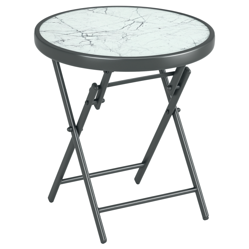 Outsunny ??45cm Garden Side Table, Outdoor Round Folding Patio Table with Imitation Marble Glass Top, Small Coffee Table, White