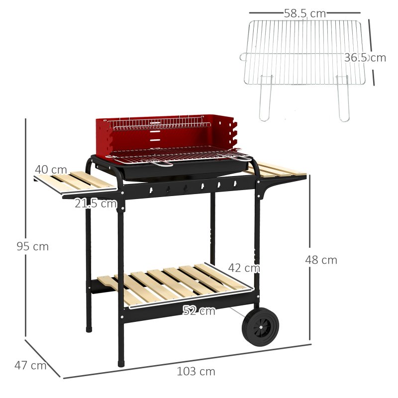 Outsunny Charcoal Barbecue Grill with Adjustable Grill Height, Portable BBQ Trolley with Ash Catcher and Wheels for Outdoor Garden Party Cooking, Red
