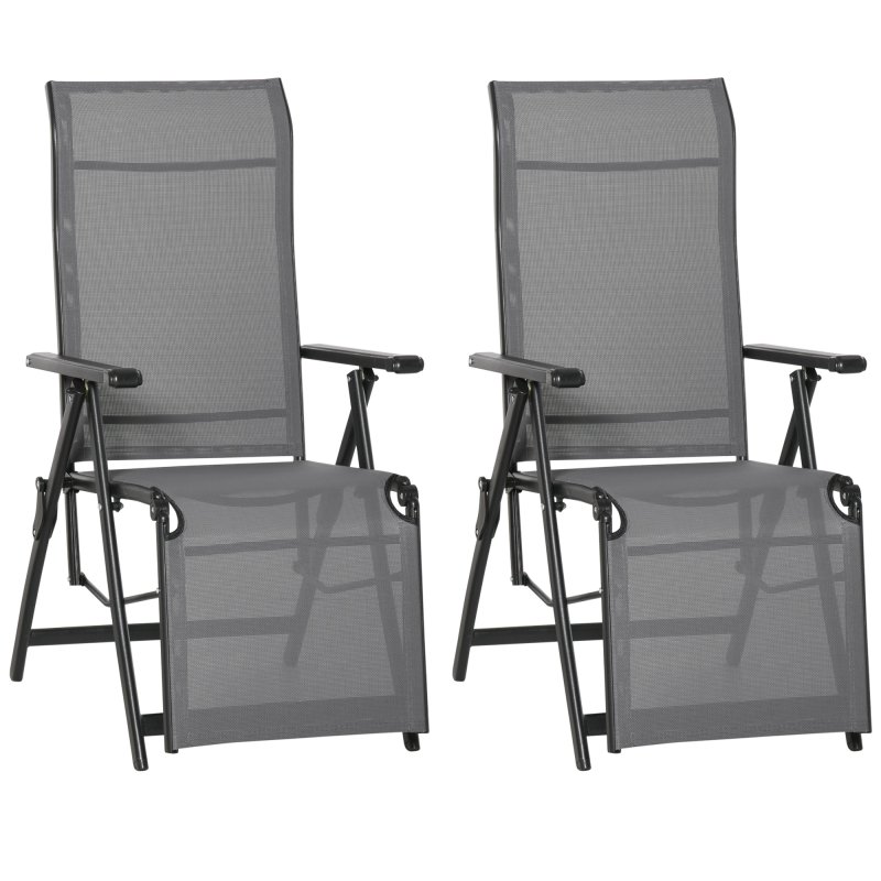 Outdoor Reclining Garden Chair Set of 2, 10-Position Adjustable Folding Sun Lounger Zero Gravity Chairs with Texteline Seat, Armrests and Footrest for Patio, Grey