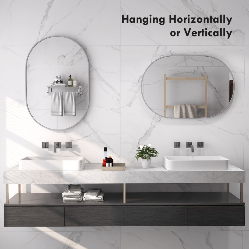 HOMCOM Oval Bathroom Mirror, Modern Wall-mounted Vanity Mirror with Wide Aluminium Frame, Tempered Glass for Living Room, Entryways, Horizontal or Vertical Hanging, 60 x 90cm, Silver