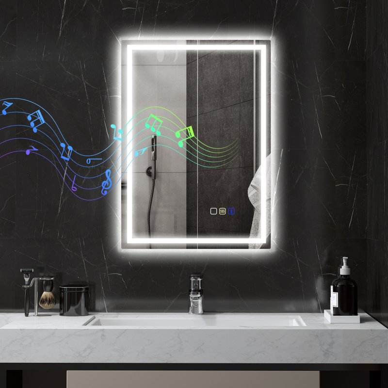 HOMCOM Bluetooth Bathroom Mirror with LED Lights, Illuminated Backlit Wall Mounted Vanity Mirror with 3 Colours Dimmable, Demister Pad, Memory Function, Touch Sensor, IP44