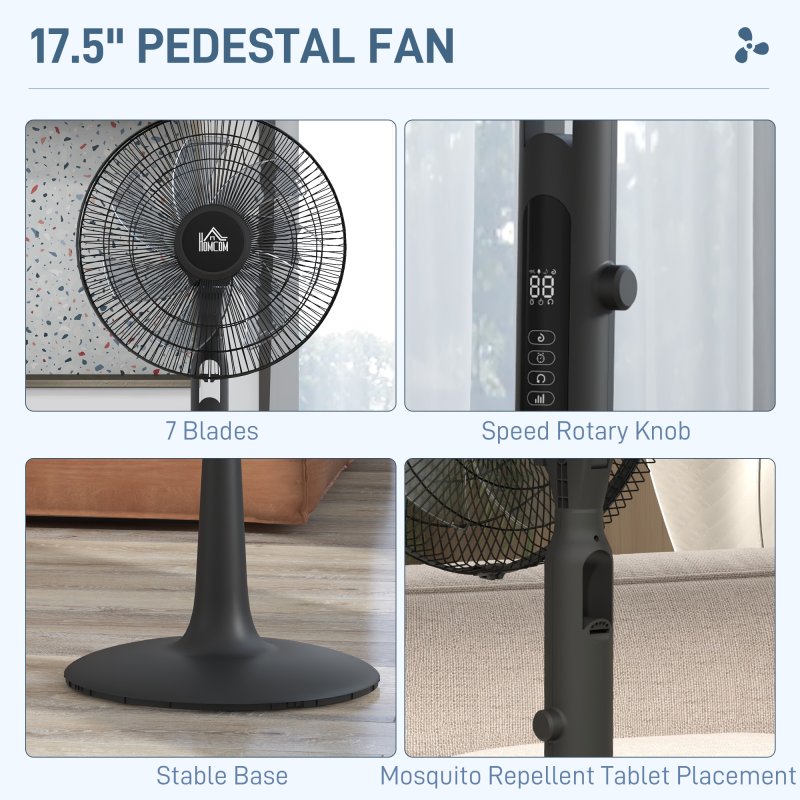 HOMCOM Quiet Pedestal Fan, 17.5 Inch Standing Fan with 28 Speeds, 3 Modes, 75 Degree Oscillation, 12-Hour Timer, Adjustable Height, Mosquito Repellent Function for Bedroom, Home Office, Black