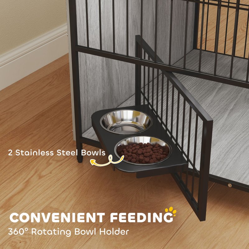 PawHut Dog Crate Furniture with 2 Rotatable Bowls, Dog Crate End Table with 2 Anti-Escape Doors, Storage Shelf, for Medium Dogs, 80 x 56 x 76.5 cm, Grey