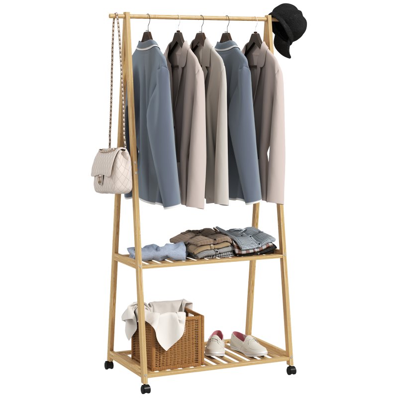 HOMCOM Bamboo Clothes Rail Rack with 2 Storage Shelves and 2 Hooks, Freestanding Open Wardrobe Coat Stand with Wheels for Entryway, Bedroom, Natural Wood Effect