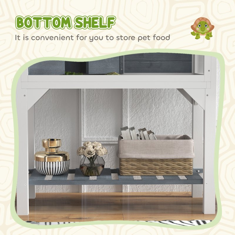 PawHut Wooden Tortoise House with Storage Shelf, Tortoise Enclosure Habitat with Clear Windows, Lamp Holder, Openable Top, Built-in Tray, for Indoor Use, Grey