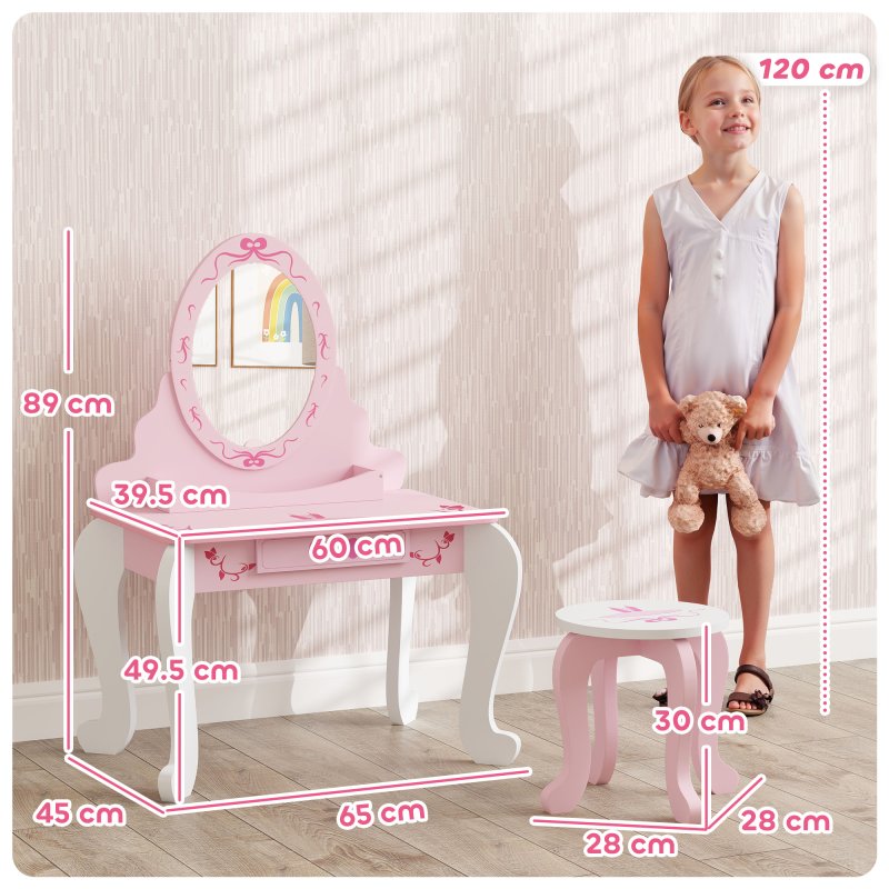 AIYAPLAY Kids Dressing Table Set, Two-Piece Kids Vanity Table with Stool, Mirror, Drawer, Desktop Storage, Ballet Theme, Girls Makeup Desk, Chair, Pink