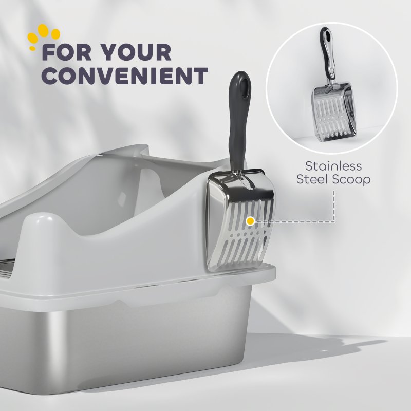 PawHut Cat Litter Tray Stainless Steel, Cat Litter Box High Sided with Metal Litter Scoop, Never Absorbs Odors, Anti Leakage & Easy to Clean, 43 x 33 x 25 cm, Grey