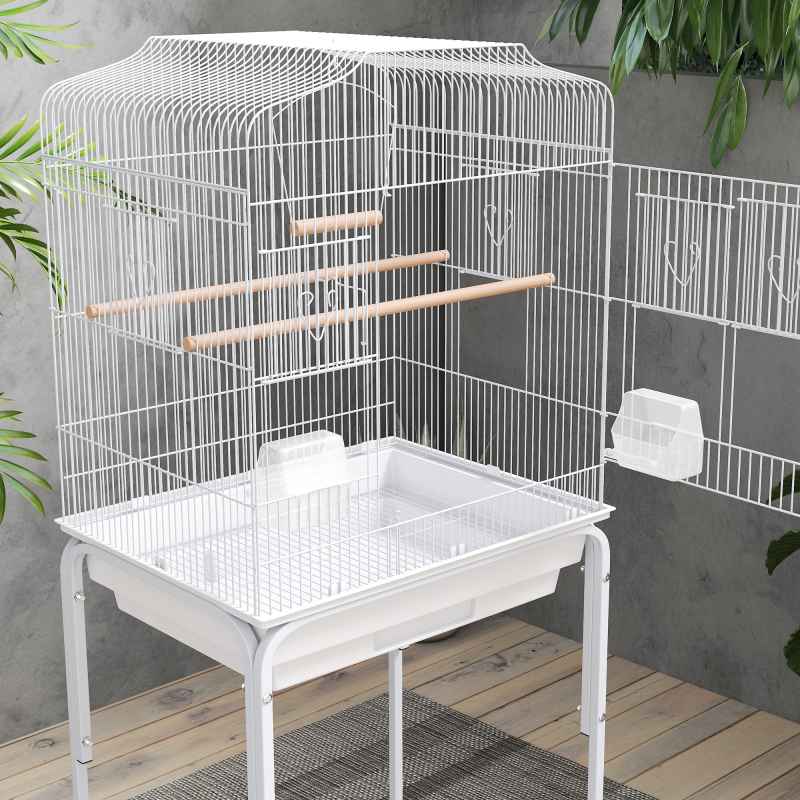 PawHut Bird Cage Budgie Cages for Finch Canary Parakeet with Stand Wheels Slide-out Tray Accessories Storage Shelf, White 46.5 x 36 x 124 cm