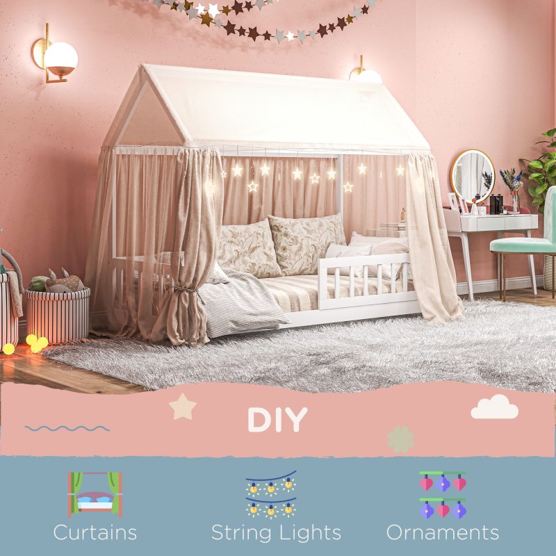 HOMCOM House-Shaped Kids Bed Frame, Solid Pine Wood Single Bed Frame with Safety Fence for Kids Boys and Girls, White