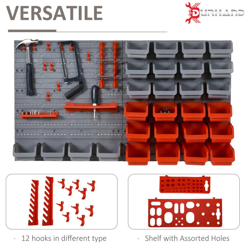 DURHAND 44 Pcs On-Wall Garage DIY Storage Unit with 28 Cubes 10 Hooks 2 Boards Screws Organisation Pegboard Tool Equipment Red