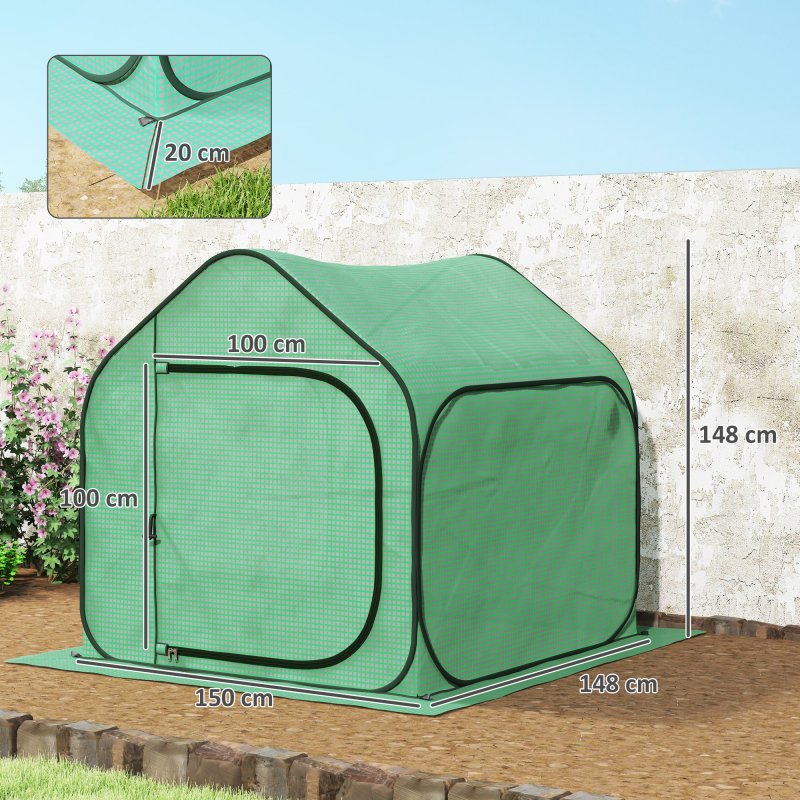 Outsunny Mini Pop Up Greenhouse with Reinforced PE Cover, Foldable Small Greenhouse with Zipper Door for Indoor Outdoor, 150 x 148 x 148 cm, Green