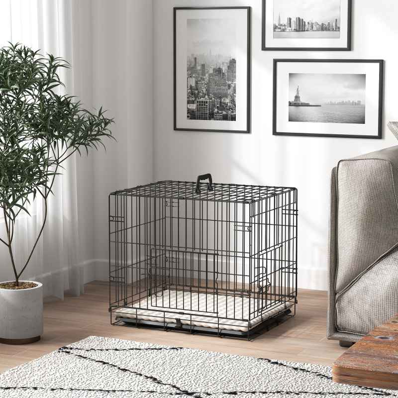 PawHut Dog Crate, Folding Metal Dog Cage with Two Doors, Tray, Soft Cushion, for Extra Small Dogs, 60 x 40 x 50 cm, Black