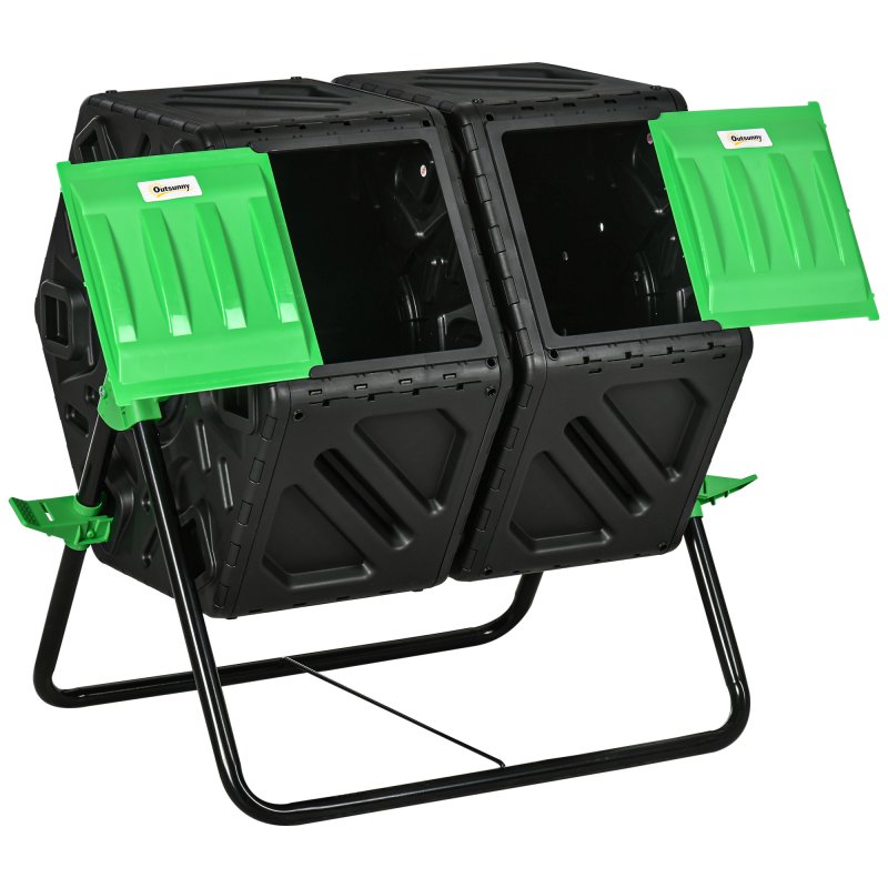 Outsunny Dual Chamber Garden Compost Bin, 130L Rotating Composter, Compost Maker with Ventilation Openings and Steel Legs, Green and Black