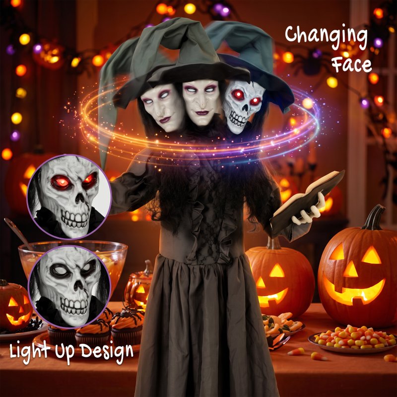 HOMCOM 180cm Life Size Animated Witch Halloween Decorations Outdoor Indoor, Scary Halloween Animatronics Decor with Sound Touch Activated, Animated Prop with Light Up Eyes for House Garden