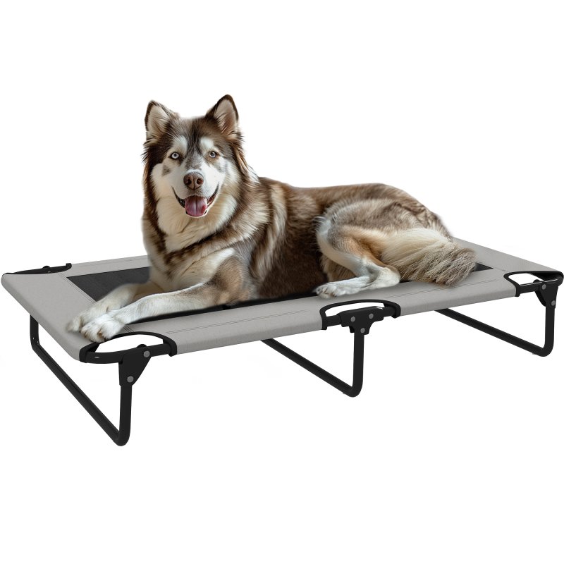 PawHut Raised Dog Bed, Portable Elevated Pet Cot with Breathable Mesh for Indoor Outdoor, for Large Dogs, 107 x 61 x 20 cm, Light Grey