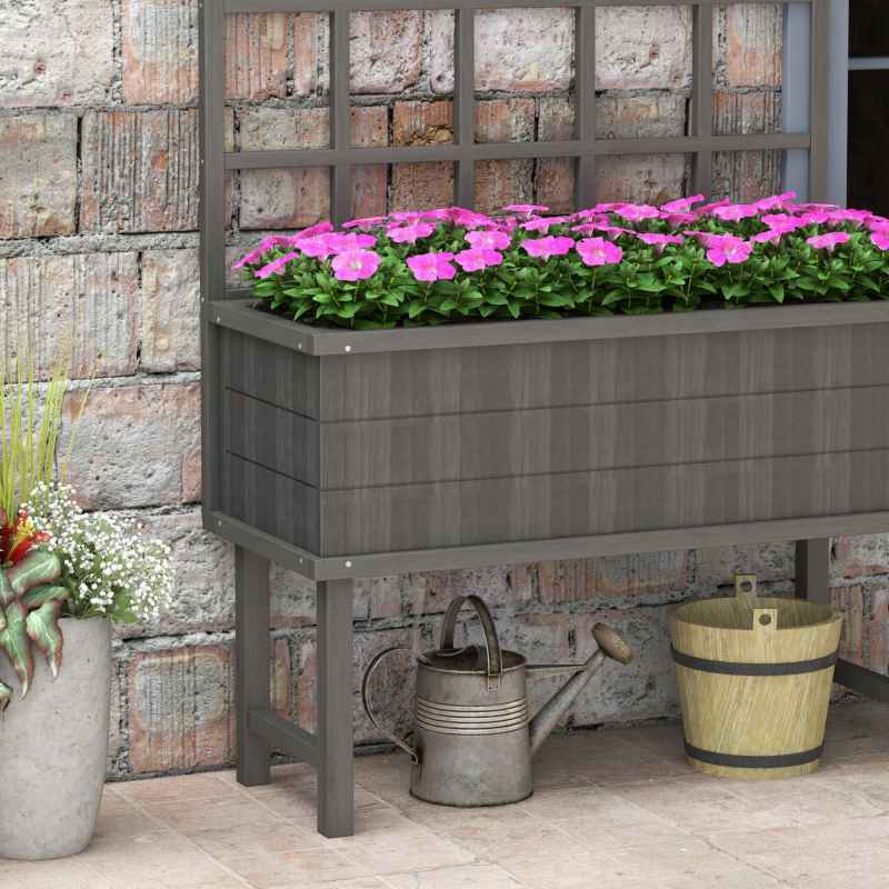 Outsunny Wooden Raised Planter with Trellis for Vine Climbing Plants, Elevated Garden Bed with Drainage Holes and Bed Liner for Vegetables, Flowers, Herbs, 105 x 45 x 140cm, Grey