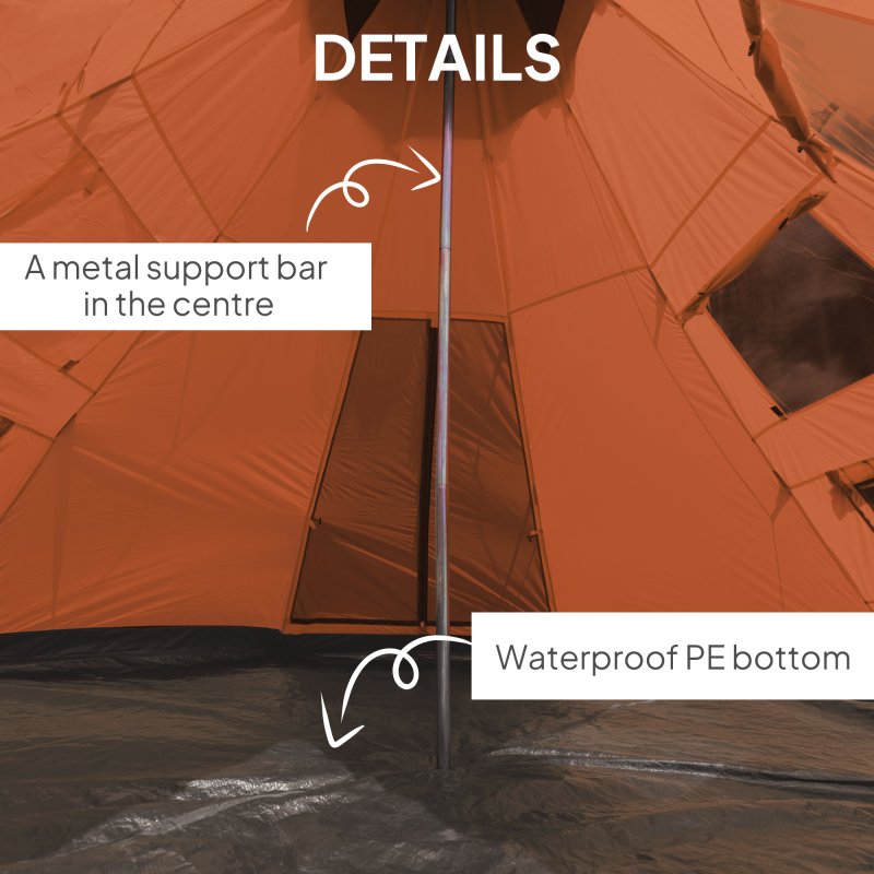 Outsunny 6 Men Tipi Tent, Camping Tent with Mesh Windows, Sewn-in Floor, Two Doors and Carry Bag, Easy Set Up, for Hiking Picnics Outdoor Night, Orange