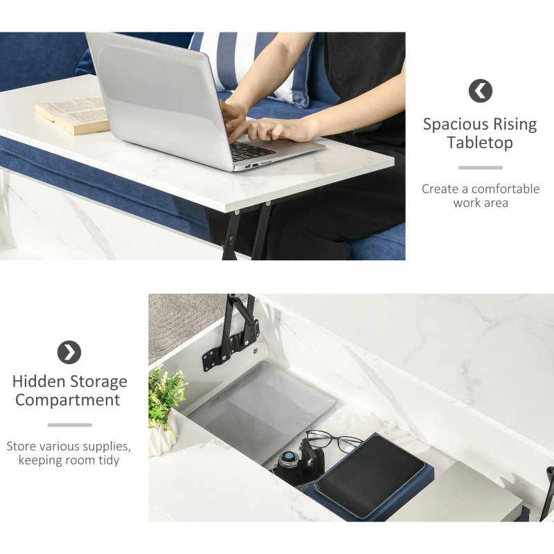 HOMCOM Lift Top Coffee Table, Lifting Coffee Table with Hidden Storage Compartment and Metal Legs, for Living Room, Faux Marble White