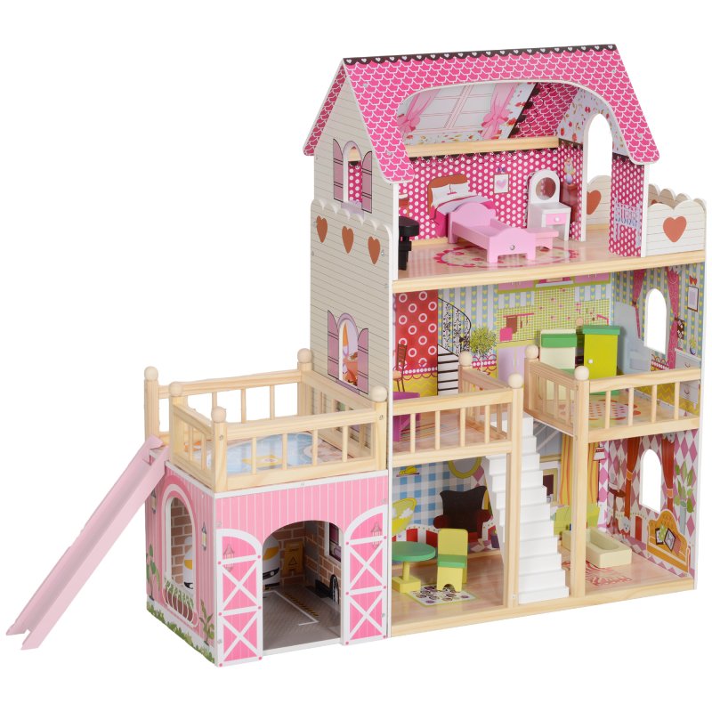 AIYAPLAY Dolls House with 13 Pieces Wooden Furniture and Accessories, 3 Levels Play Set with Detachable Balcony, Garage, Movable Slides, Gift for 3-6 Years