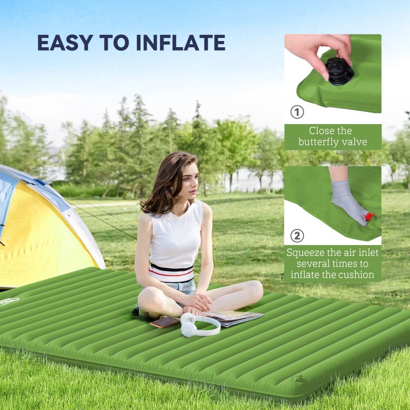 Outsunny 2 Person Camping Inflating Sleeping Mat Inflatable Mattress Ultralight Folding Bed Portable Air Bed for Outdoor Backpacking Hiking Travel - Green