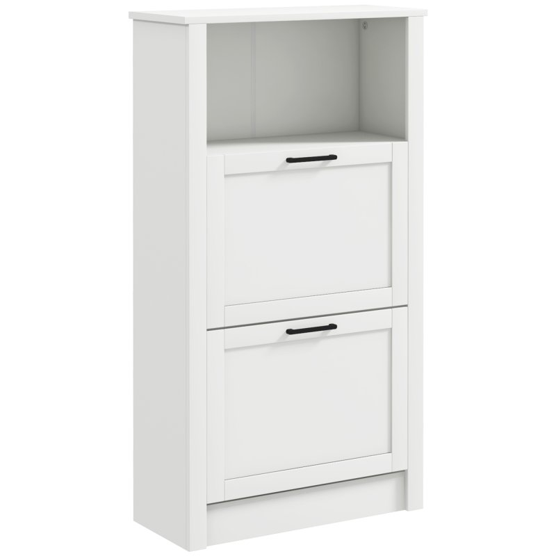 HOMCOM Modern Shoe Cabinet with 2 Flip Drawers and Adjustable Shelves, Narrow Shoe Storage Cabinet with Open Compartment, Holds 10 Pairs for Entryway, Hallway, White