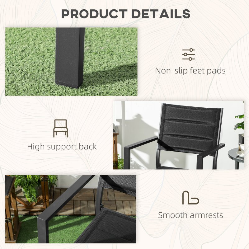 Outsunny 2 Pieces Garden Dining Chairs, Aluminium Outdoor Armchair for 2 with Breathable Mesh Fabric, Stackable Design, Black