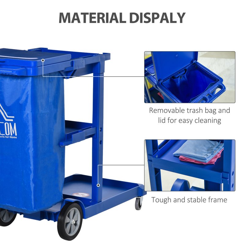 HOMCOM Cleaning Carts On Wheels, Janitorial Trolley with 3 Tier Shelves, Housekeeping Utility Service Unit with Rubbish Bag and Mop Mount for Hotel, Office, Blue