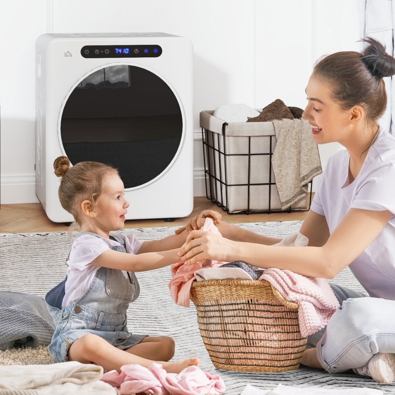 HOMCOM 4kg Vented Tumble Dryer, 1000W Compact Freestanding Front Tumble Dryer with Stainless Steel Tub, Timer, 6 Heat Settings, Small Portable Clothes Drying Machine, White