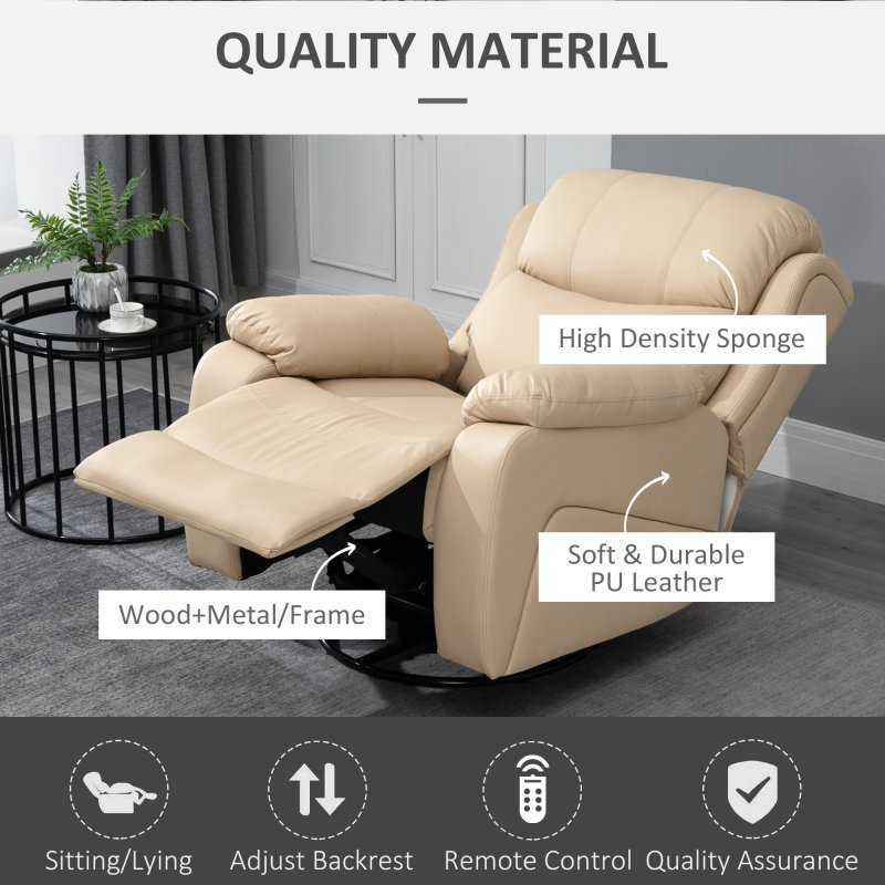 HOMCOM PU Leather Massage Recliner Chair with 8 Points and Heat, Manual Reclining Chair with Swivel Base, Footrest and Remote, Rocking Armchair, Beige