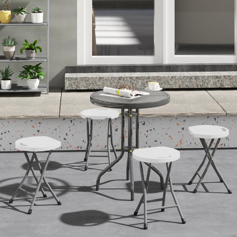 Outsunny Folding Stool Set of 4, Decorative Garden Stool Chair with Safety Latch, Foldable Garden Stools with Powder-Coated Steel Legs HDPE Seat and Handle for Indoor and Outdoor, White