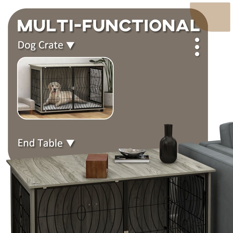 PawHut Dog Crate Furniture, Dog Cage End Table with Large Top, Soft Washable Cushion, Lockable Front Door, Wire Mesh Ventilation, Indoor Pet Crate for Extra Large Sized, 118 x 75 x 82cm - Grey