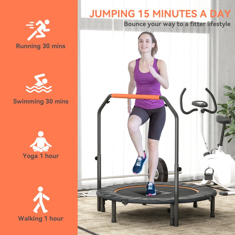 HOMCOM 48" Foldable Mini Trampoline Fitness Trampoline Rebounder for Adults with Adjustable Foam Handle, for Indoors, Outdoors, Cardio Training, Orange